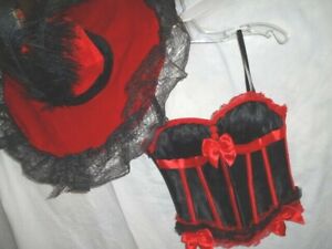 RED+BLACK CORSET BUSTIER+HAT Saloon Girl SEXY PIRATE Womens M Cosplay COSTUME 
