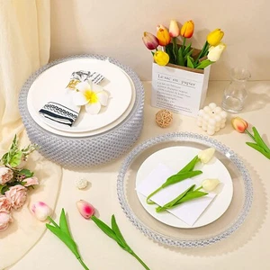 50 Clear Charger Plates Bulk 13 Inch Round Plastic Dinner Plate with Beaded Rim - Picture 1 of 7