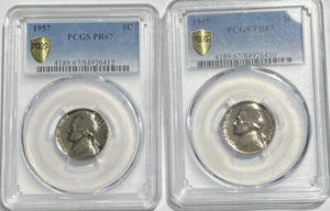 Lot Of (2) 1957 5C JEFFERSON NICKEL PCGS PR 67 WOW MIRROR LIKE LOT 2 PCGS PR 67 - Picture 1 of 8