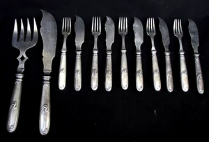 FINE 12 PC ANTIQUE ART NOUVEAU EP FISH SET BY ORFEVRERIE ERCUIS - FRANCE - Picture 1 of 11