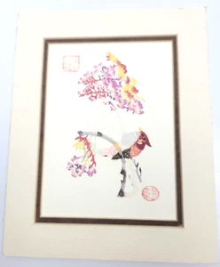 Vintage giapponese arte carta 3D uccellino sul ramo con fiori - Firmato/timbrato - Foto 1 di 6