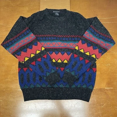 Vintage Generra Sweater Mens Medium Gray Pullover Wool Blend Geometric Aztec - Image 1 of 4