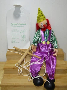 Vintage Wooden Clown Marionette String Puppet Handmade 14" - Picture 1 of 4