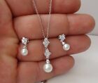 DANGLING PENDANT & EARRING SET LAB CREATED DIAMONDS & PEARLS STERLING SILVER 