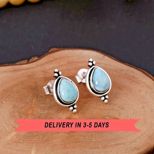 Genuine Larimar Stud Earrings in 925 Sterling Silver Stunning Gift For Women's - Picture 1 of 9