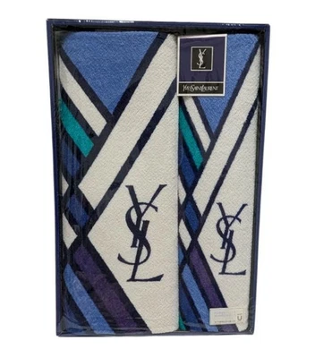 Conjunto de 2 Toalhas de Banho e Esportivas Yves Saint Laurent YSL Logotipo Azul Estoque Morto Não Usado - Imagem 1 de 4