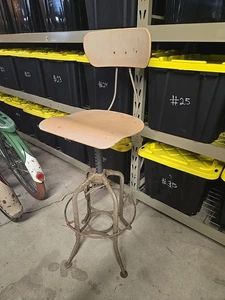 Vintage Toledo Steel Industrial Drafting Table Stool Adjustable Chair wood seat - Picture 1 of 10