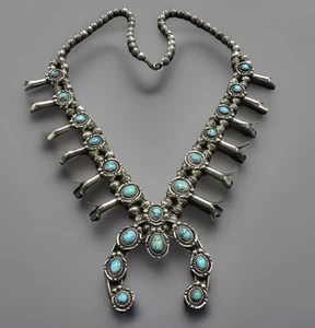COLLAR Clásico Antiguo Plata Esterlina TURQUESA Flor de Calabaza Peón Vintage 124g - Imagen 1 de 18