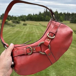 Vintage 90s Y2K Crescent Hobo Shoulder Bag Nine West Red Purse Brass Dice Charms - Picture 1 of 10