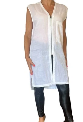 HELMUT LANG WOMEN'S WHITE CRISP LINEN ZIP FRONT SLEEVELESS TUNIC TOP L FITS M - Image 1 of 4