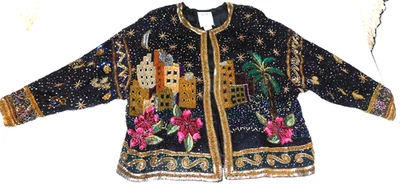 Chaqueta De Colección Together Mujer M Lentejuelas Árabe Desierto Escena Nocturna Negra Con Cuentas Foto 1 de 4