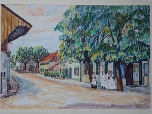 Ansicht einer Dorfstraße - Gouache mit Kugelschreiber Rheiner signiert 1960 - Bild 1 von 5