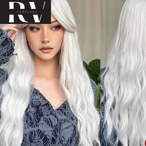 Gray Platinum Long Synthetic Wigs with Bangs for Women Afro Deep Wave Cosplay - Picture 1 of 11