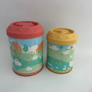 2 Vintage Retro Metal Tin Containers Bunny Rabbit Chicken Plastic Lids Cute Farm - Picture 1 of 4