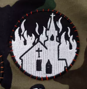 Burning Church Patch 3" Goth Satanic Horror Punk Embroidered Iron On Patch - Picture 1 of 5