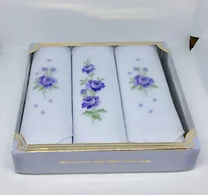 3 New Embroidered Handkerchiefs- New In Box Vintage/100%Cotton - Picture 1 of 3