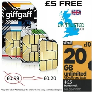 Giff Gaff Karta SIM Telefon komórkowy 3 w 1 Nano Micro Standard Zapłać tylko dzisiaj 0,2 £ - Zdjęcie 1 z 9