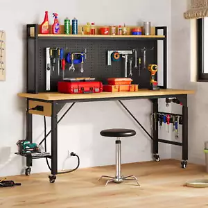 Garage Workbench with Wheels 59.1" X 23.6" Pegboard Worktable W/ Power Outlets - Picture 1 of 10