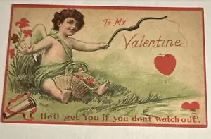 Postal de San Valentín en relieve Cupido querubín pesca con corazones - Imagen 1 de 2