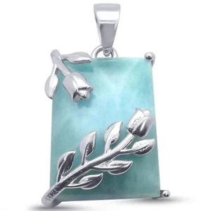 Rectangular Leaf Natural Larimar .925 Sterling Silver Pendant 1" Long - Picture 1 of 2