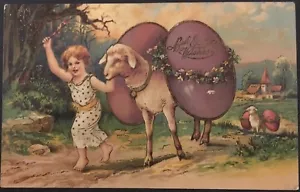 Fantasia pasquale ~ Ragazza scalza piombo sfilata di pecore tutto con uova giganti sul retro - Foto 1 di 1