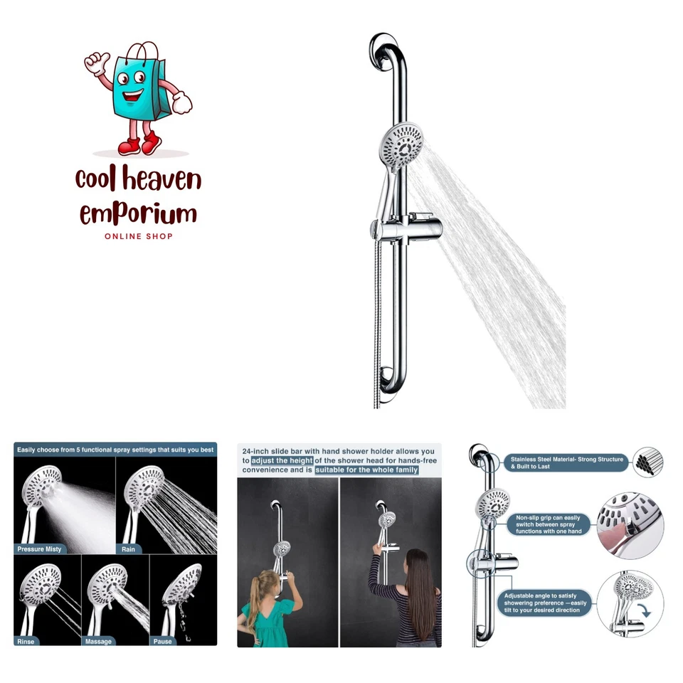 Stainless Steel Grab Bar Set – Includes Handheld Shower Head With Extra Long and