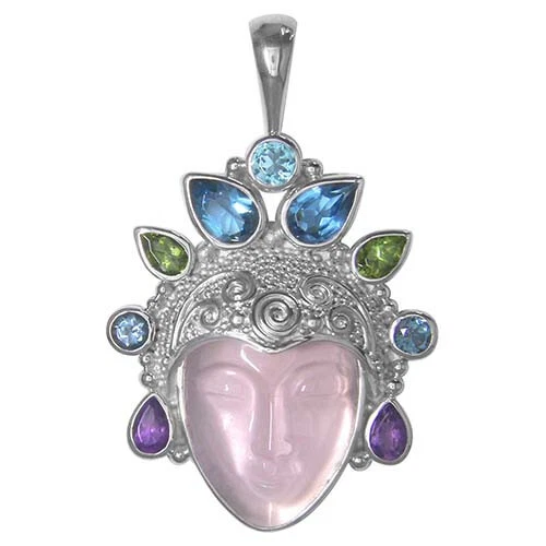 Offerings Sajen 925 SS Cuarzo Rosa Diosa Cara y Piedras de Felicitación Colgante Foto 1 de 1