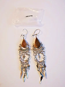 DANGLE DROP EARRINGS ALPACA PERU ARTISAN BROWN JASPER ELABORATE CHANDELIER NEW 1 - Picture 1 of 11