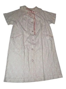 Vintage Seamprufe Housecoat M Robe Pink Lace satin Ribbon Button Front Pockets - Picture 1 of 10