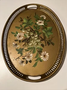 Vintage Large Hand Painted Gold Floral Toleware Tray by Pilgrim Art - Picture 1 of 17