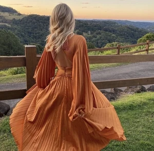 Acler Dress Size AU 8/ US 4 Midi Palms Turmeric Pleated Christmas Balloon Sleeve - Picture 1 of 18