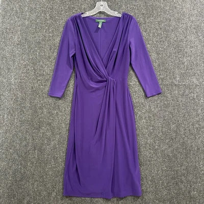 Vestido para mujer Lauren Ralph Lauren 2 púrpura fruncido imitación envoltura manga larga midi Foto 1 de 4
