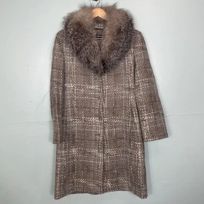 Ellen Tracy Coat Wool Blend Fox Fur Neck Collar Plaid Tweed Size 8 Gray Lined - Image 1 of 4