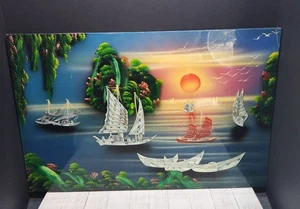 Vtg Wood Lacquer Painting Inlay Abalone Shell Drives the Boat at Sunset Jungle - Picture 1 of 13