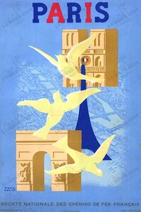 Paris France 1946 Vintage Travel Poster by Paul Colin SNCF Wall Art Print - Picture 1 of 6