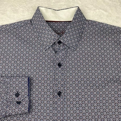 Tasso Elba Dress Shirt Mens XL 17-17.5 Blue/Burgundy Geometric Print Long Sleeve - Image 1 of 4