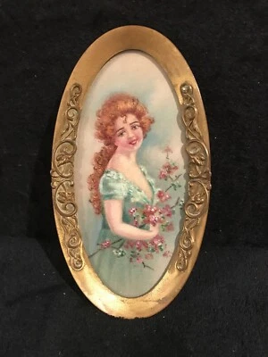 OLD BRASS ART NOUVEAU FRAME & HAND PAINTED BEAUTIFUL IMAGE ON CLOTH-534 - Image 1 of 4