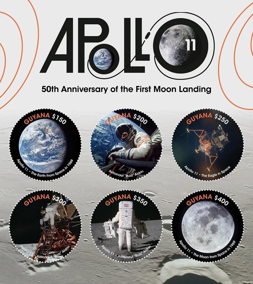 Hoja de estampillas espaciales de aterrizaje lunar 50 aniversario de la NASA APOLLO 11 (2018 Guyana) Foto 1 de 1