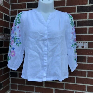 linen charter club luxury medium printed sleeve button front white blouse - Picture 1 of 5