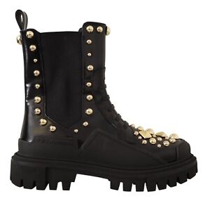 DOLCE & GABBANA Shoes Black Leather Studded Combat Boots EU35.5 / US5 RRP $1500