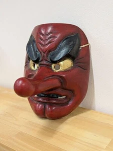 Maschera giapponese vintage Tengu Oni Kagura Noh demone rosso interno Giappone asiatico - Foto 1 di 7