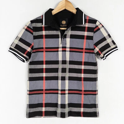 Platini Polo Shirt Kids Boys 10 Black Plaid Cotton Short Sleeve Preppy Casual - Image 1 of 4