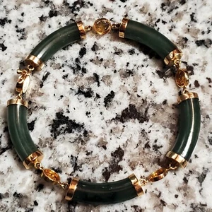 Vintage 8" 14K Yellow Gold 8mm Green Jade Round Bangle Cuff Bracelet 29g - Picture 1 of 4