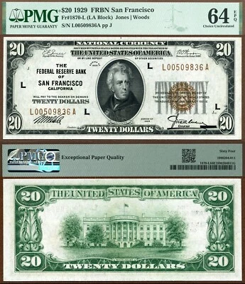 1929 $20 Federal Reserve Bank Note FR-1870-L San Francisco CA PMG CU64EPQ - Image 1 of 3