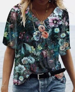 Blusa De Mujer Camiseta De Verano Bohemio Flores Moda Suelta Manga Corta V Tops - Picture 1 of 1