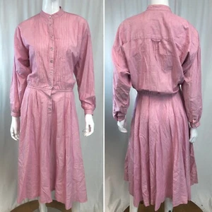 Vintage Liz Claiborne 8 Pink Cotton Button Up Long Sleeve Midi 80s Shirt Dress M - Picture 1 of 7