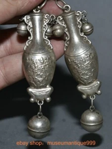 3.6" ancient Chinese Silver flower butterfly Bottle small bell Amulet pendant - Picture 1 of 9