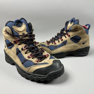 VINTAGE Nike ACG Boots Mens Size 9 Tan Navy Leather Hiking 175076-241 90s - Picture 1 of 10