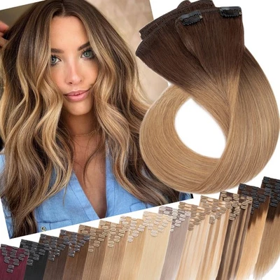 Invisible 8PCS Clip In Human Hair Extensions 100% Real Remy Hair Full Head Ombre - Image 1 of 4
