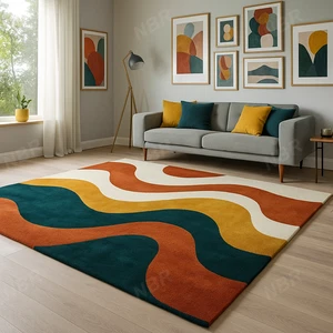Modern Abstract Wave Pattern Wool Area Rug Hand-Tufted Mid-Century Style Carpet - Picture 1 of 8